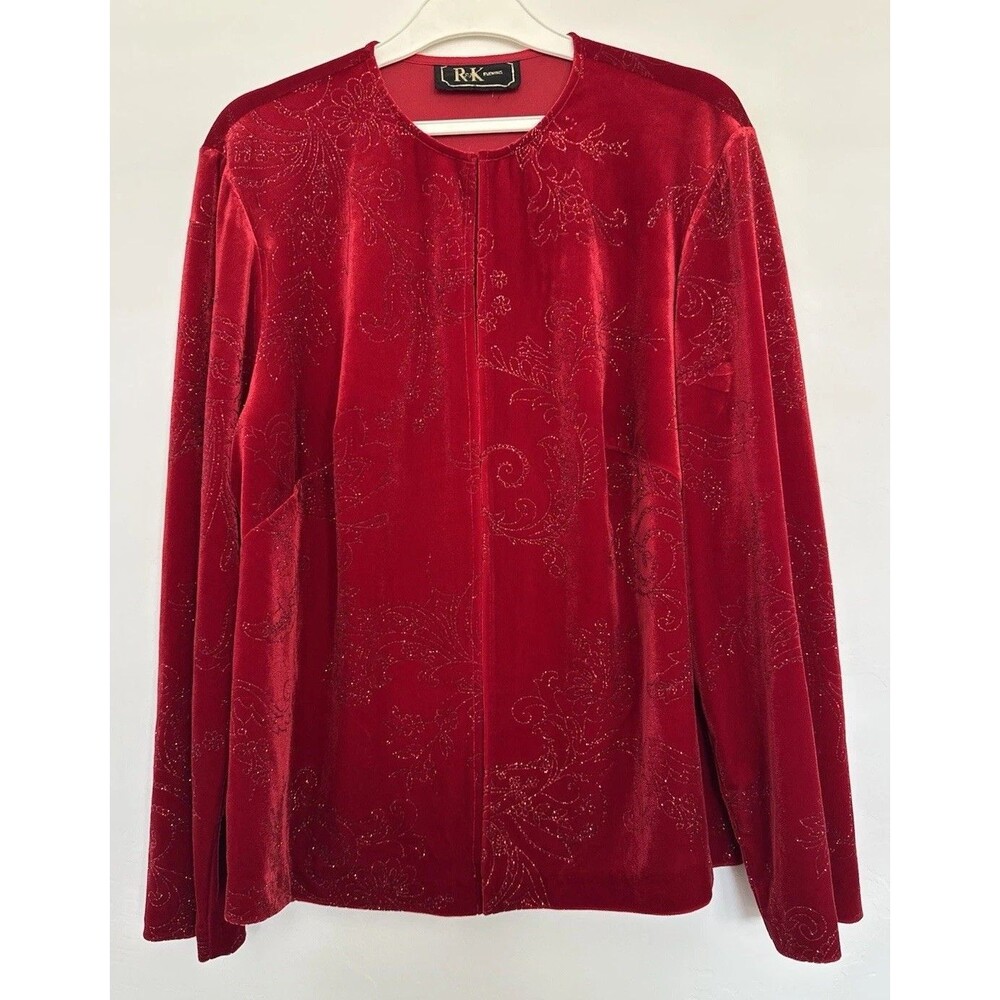 R&K Evening Red Open Front Top Velvet Burnout Cardigan Gold Glitter Details Sz M